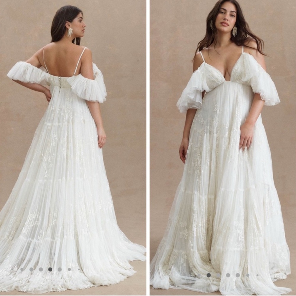 BHLDN Valentina V‎ Neck Flutter Sleeve Empire Waist Wedding Gown Size 14 Ivory